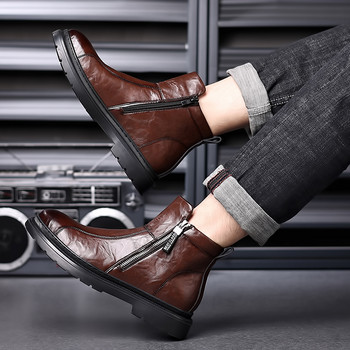 Нови мъжки черни ботуши Челси Топли мъжки ежедневни обувки от кожа Дизайнерска рокля Ботуши със страничен цип Елегантни бизнес обувки