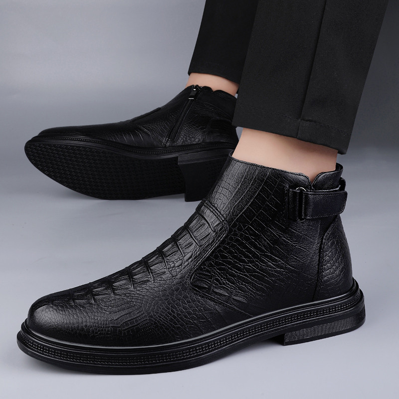 Nové módne trendy Pánske chelsea čižmy z pravej kože, členkové čižmy, nazúvacie pánske obchodné topánky, čižmy z hovädzej kože, teplé zimné čižmy s kožušinou