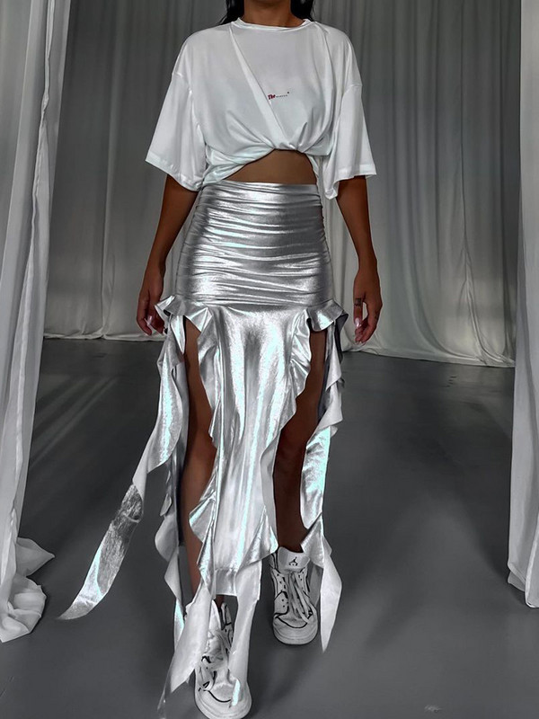 Fusta lungă de vară cu ciucuri moale pentru femeie, cu volană, talie înaltă, ruptă, despărțită înaltă, plisată, sexy, solidă, fustă maxi 2023