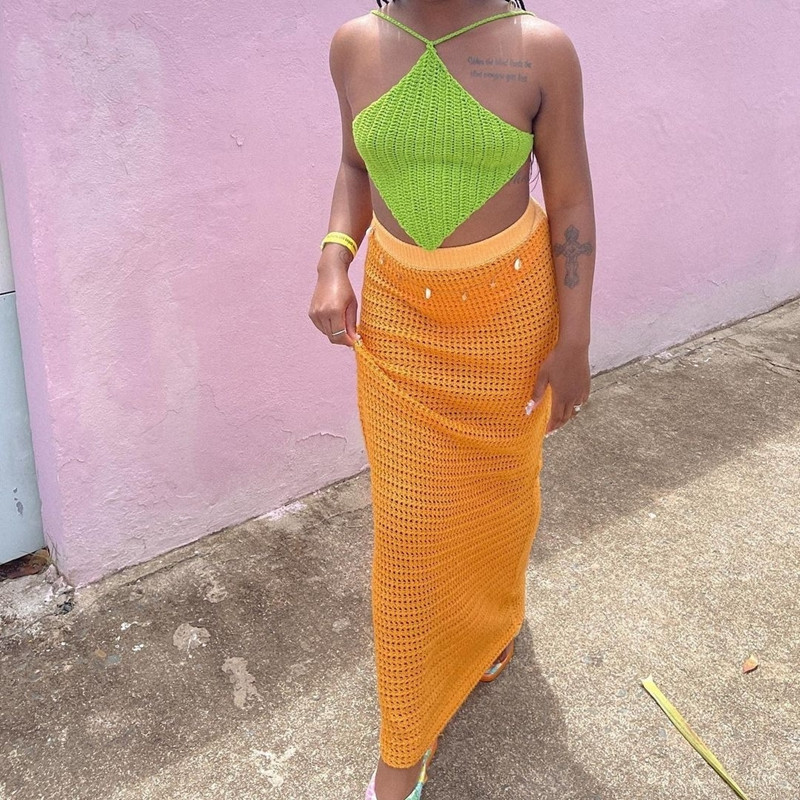 Fuste maxi tricotate în dungi în stil de plajă, vacanță de vară, femei șic, sexy, cu talie înaltă, fustă lungă, bodycon Y2K, haine vintage