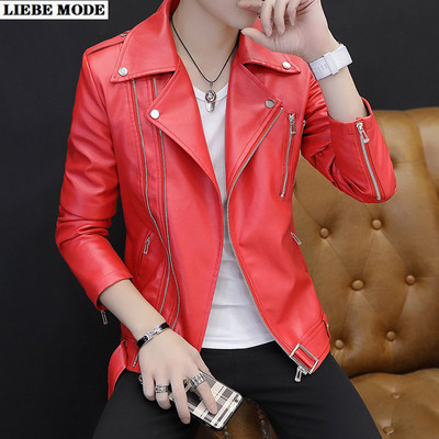 Punk Men PU Δερμάτινο μπουφάν μοτοσικλέτας Λοξό φερμουάρ Slim Fit Faux Leather Coat Fashion Μαύρο Κόκκινο Λευκό Slim Moto Jacket Man