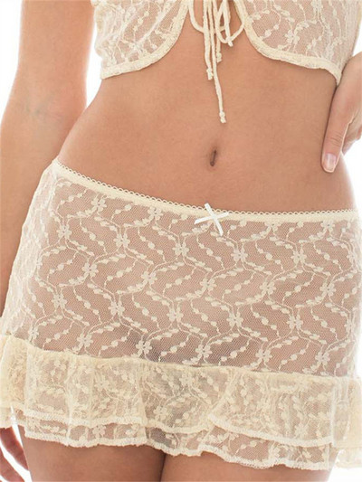 CHRONSTYLE Retro Lace Mesh See Through Ruffle Κοντές μίνι φούστες για γυναίκες Μασίφ χαμηλή μέση καλοκαιρινό πάρτι Y2K φούστες Beachwear 2023