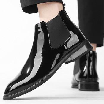 Горещи мъжки ботуши Chelsea Меки лачени обувки за сватбена рокля за мъже Плоски официални бизнес модни тенденции на глезена Улични висок клас