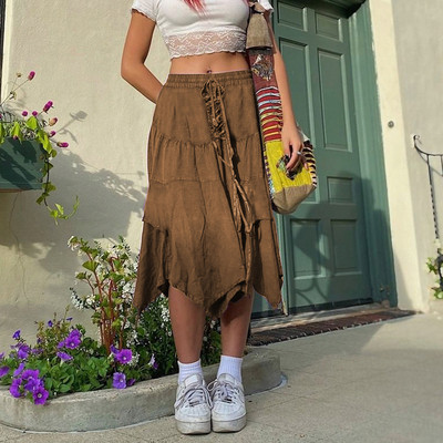 Γυναικείες Y2k Aesthetic Vintage Μακριά Maxi Φούστα Μονόχρωμη Ελαστική ψηλόμεση ακανόνιστη φούστες σε γραμμή Α Ρετρό 90s Streetwear