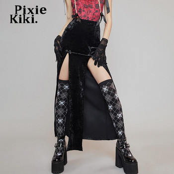 PixieKiki Alt Fashion ψηλόμεση μακριά φούστα με διπλό σκίσιμο Γυναικείες χειμερινές βελούδινες μαύρες σέξι φούστες Gothic Punk Ρούχα P80-CZ22