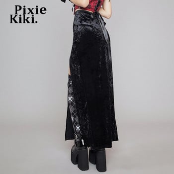 PixieKiki Alt Fashion ψηλόμεση μακριά φούστα με διπλό σκίσιμο Γυναικείες χειμερινές βελούδινες μαύρες σέξι φούστες Gothic Punk Ρούχα P80-CZ22