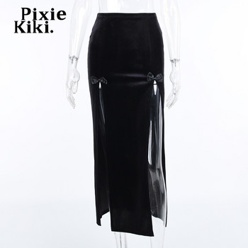 PixieKiki Alt Fashion ψηλόμεση μακριά φούστα με διπλό σκίσιμο Γυναικείες χειμερινές βελούδινες μαύρες σέξι φούστες Gothic Punk Ρούχα P80-CZ22