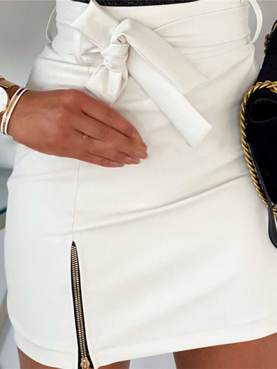 Μόδα σέξι ψηλόμεσο PU δερμάτινες γυναίκες Κομψές φούστες Φύλλα Μολύβι φερμουάρ Μίνι Μήκος Άνοιξη Φθινόπωρο Χειμώνας Λευκό Μαύρο Χακί