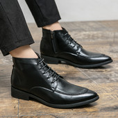 Cizme pentru bărbați de marcă de lux Cizme chelsea cu șireturi la modă cu talpă groasă cu vârf ascuțit Cizme de designer din piele Cizme cavaler de înaltă calitate