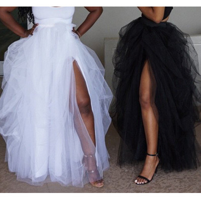 Alb negru Fashion Femei Maxi Tull Fusta elastică cu talie înaltă Split Neregulat Princess Party Tutu Fusta