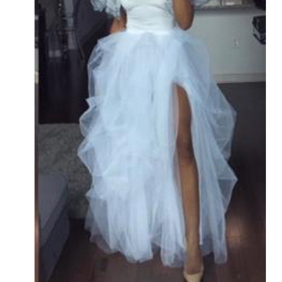 Bijelo crna modna ženska maksi suknja od tula, elastična visoka struka sprijeda, nepravilna tutu suknja za zabavu princeze