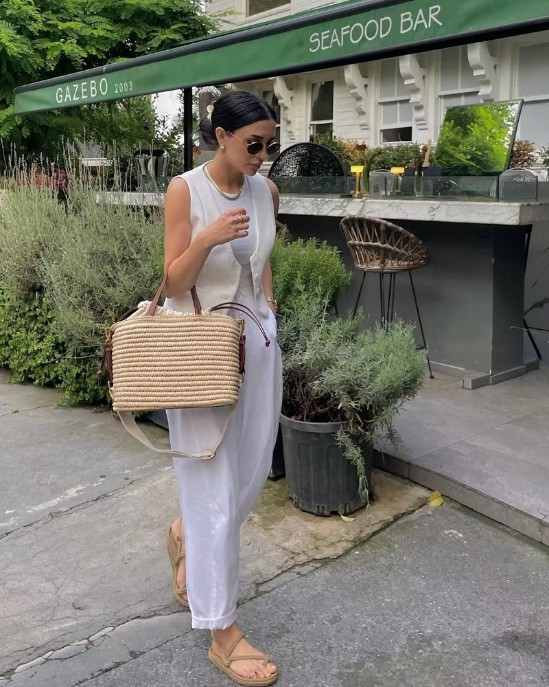 SLTNX TRAF 2023 Vestă de modă pentru femei Veste de vară fără mâneci pentru femei Chic cu decolteu în V Vestă albă pentru femei cu un singur piept.