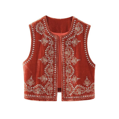 Zevity pentru femei, de epocă, cu gâtul în formă de paiete, broderie cu flori, vestă scurtă, jachetă de damă, fără mâneci, ocazională, din catifea, vestă de top CT3020
