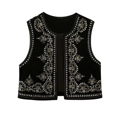 Zevity pentru femei, de epocă, cu gâtul în formă de paiete, broderie cu flori, vestă scurtă, jachetă de damă, fără mâneci, ocazională, din catifea, vestă de top CT3020