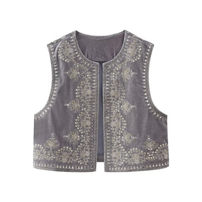 Zevity pentru femei, de epocă, cu gâtul în formă de paiete, broderie cu flori, vestă scurtă, jachetă de damă, fără mâneci, ocazională, din catifea, vestă de top CT3020