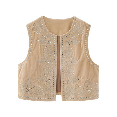Zevity pentru femei, de epocă, cu gâtul în formă de paiete, broderie cu flori, vestă scurtă, jachetă de damă, fără mâneci, ocazională, din catifea, vestă de top CT3020