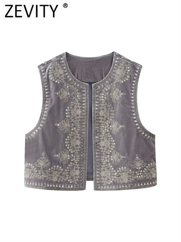 Zevity Γυναικείες παγιέτες Vintage O λαιμόκοψη Κέντημα με λουλούδια Κοντό γιλέκο Γυναικείο αμάνικο casual βελούδινο μπλουζάκι με παλτό CT3020