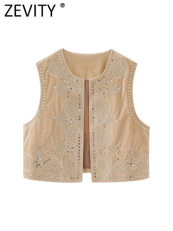 Zevity Γυναικείες παγιέτες Vintage O λαιμόκοψη Κέντημα με λουλούδια Κοντό γιλέκο Γυναικείο αμάνικο casual βελούδινο μπλουζάκι με παλτό CT3020