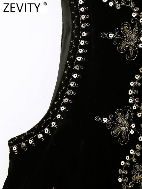 Zevity Γυναικείες παγιέτες Vintage O λαιμόκοψη Κέντημα με λουλούδια Κοντό γιλέκο Γυναικείο αμάνικο casual βελούδινο μπλουζάκι με παλτό CT3020