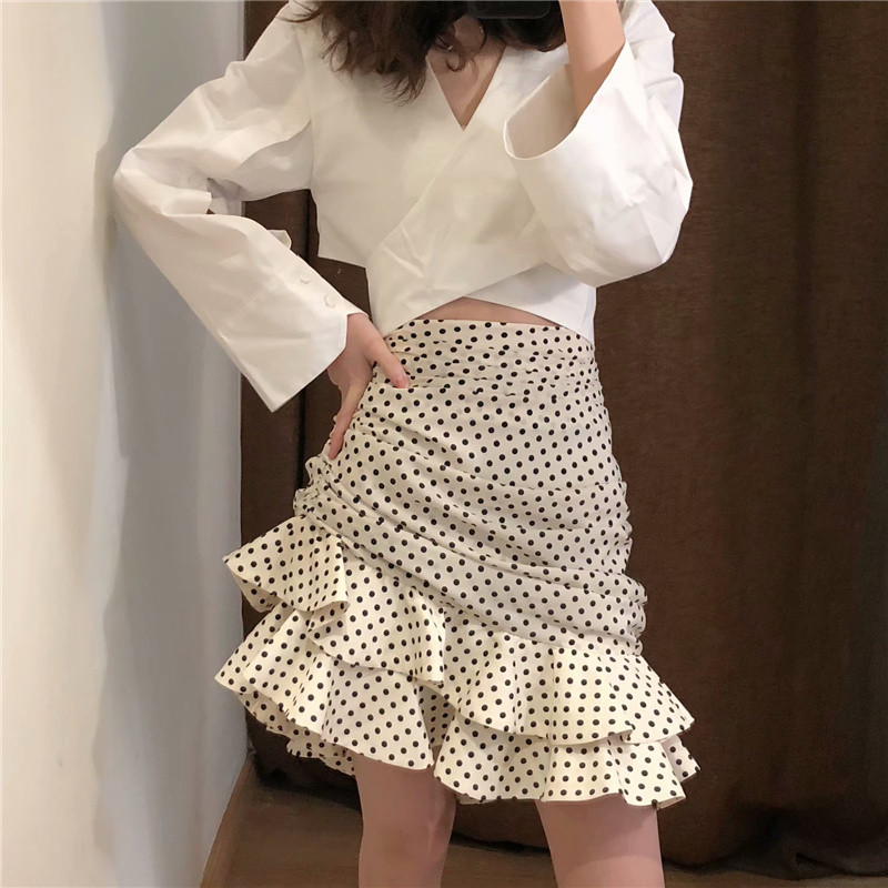 Μίνι γυναικεία πουά φούστα σε λευκό βολάν Vintage Bodycon Κομψή φούστα Ψηλόμεση Γιορτινή φούστα Faldas