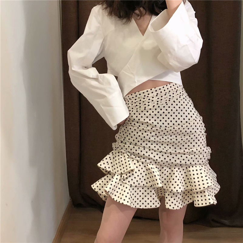 Μίνι γυναικεία πουά φούστα σε λευκό βολάν Vintage Bodycon Κομψή φούστα Ψηλόμεση Γιορτινή φούστα Faldas