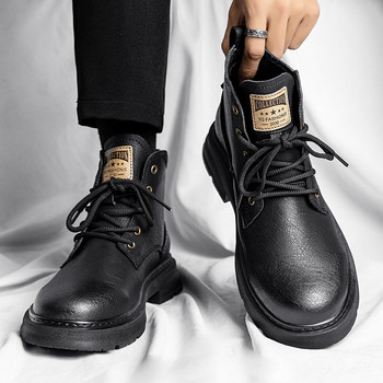 Меки ботуши от  кожа Мъжки есенни комфортни високи обувки в британски стил Средни кожени обувки Черен работен костюм Къси зимни ботуши