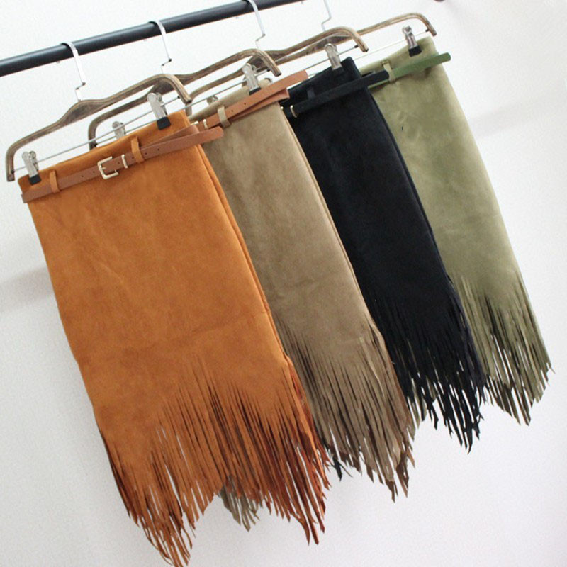 Ανοιξιάτικο φθινόπωρο Μολύβι μέχρι το γόνατο πλέξιμο Βαμβακερή φούστα Φούντα με κρόσσια Μόδα Γυναικεία Ψηλόμεση Ασύμμετρες φούστες Γυναικείες