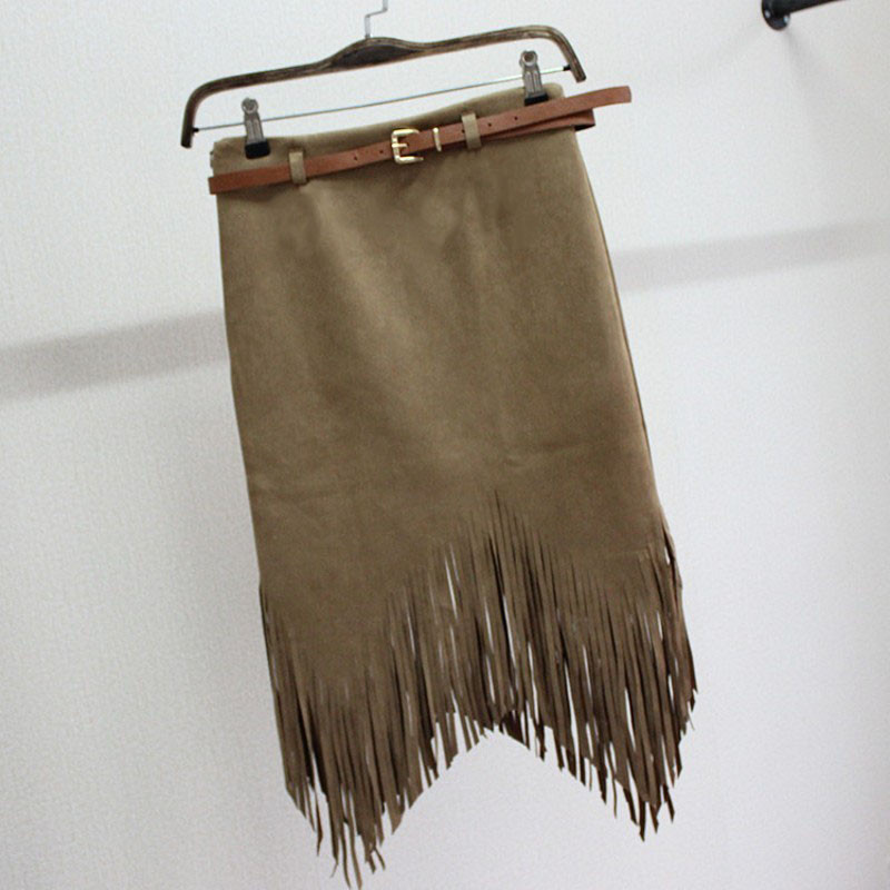 Ανοιξιάτικο φθινόπωρο Μολύβι μέχρι το γόνατο πλέξιμο Βαμβακερή φούστα Φούντα με κρόσσια Μόδα Γυναικεία Ψηλόμεση Ασύμμετρες φούστες Γυναικείες