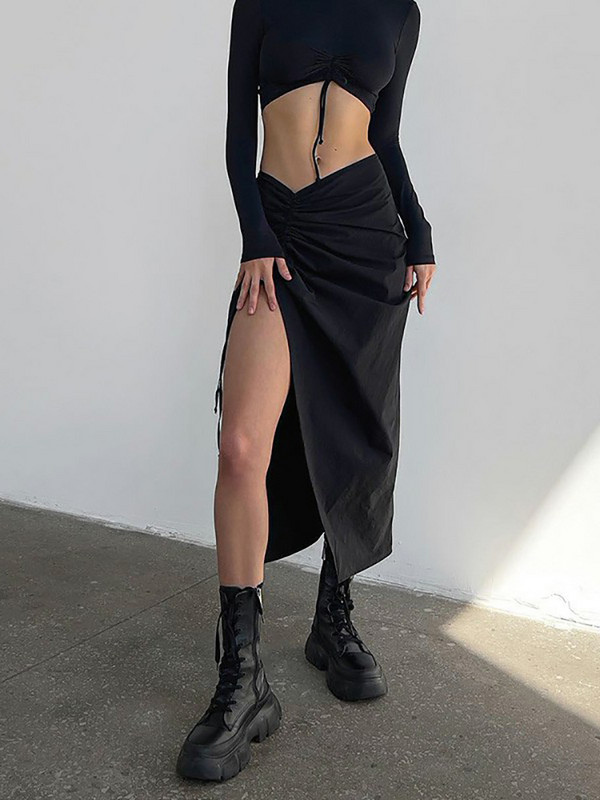 Absobe plisirana maksi suknja s uzicama Ženska asimetrična svestrana uska suknja s omotom na bokovima Pletena modna ulična odjeća