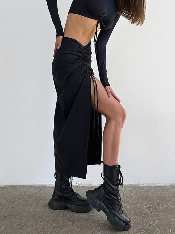 Absobe plisirana maksi suknja s uzicama Ženska asimetrična svestrana uska suknja s omotom na bokovima Pletena modna ulična odjeća