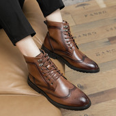 Κλασικές μπότες βρετανικού στιλ Ανδρικές δερμάτινες μπότες σκάλισμα με κορδόνια Μπότες αστραγάλου με μυτερή μύτη Χαμηλό τακούνι με χοντρή σόλα Επαγγελματικές μπότες γνωριμιών