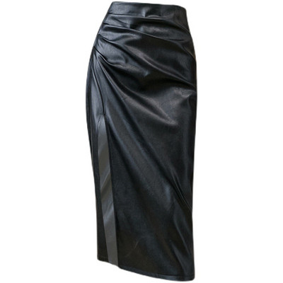 Fusta neagră din piele PU femei 2021 primăvară toamnă Midi sexy cu talie înaltă fuste bodycon despicate birou fustă creion până la genunchi Saia