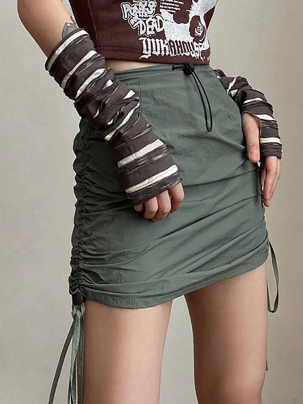 ALLNeon Grunge Punk Ψηλόμεση Στρατιά Πράσινες Μίνι Φούστες Y2K Streetwear Επίδεσμος Σχέδιο Ruched Pencil Φούστα Λεπτό ρετρό πάτο