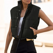 Skraćeni prsluk s pamučnom podstavom Puffer Ženski zimski prsluk s patentnim zatvaračem Gornja odjeća bez rukava Samostojeći ovratnik Prošiveni prsluci Kaput