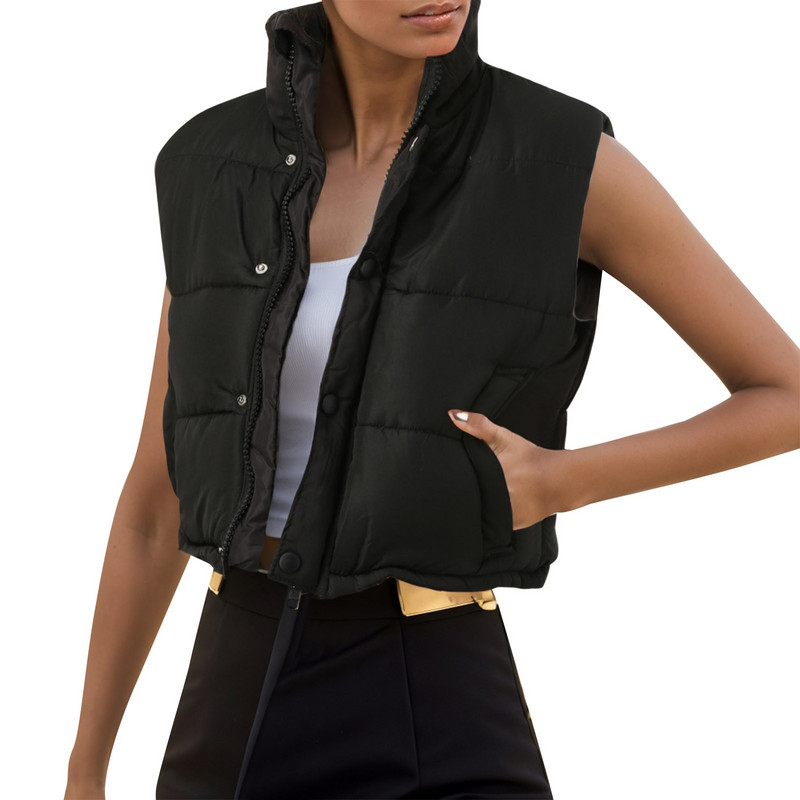 Skraćeni prsluk s pamučnom podstavom Puffer Ženski zimski prsluk s patentnim zatvaračem Gornja odjeća bez rukava Samostojeći ovratnik Prošiveni prsluci Kaput