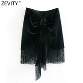 Zevity Ženska modna crna ležerna tanka baršunasta suknja s resicama s čvorovima Faldas Mujer Ženska šik mini majica s patentnim zatvaračem QUN705