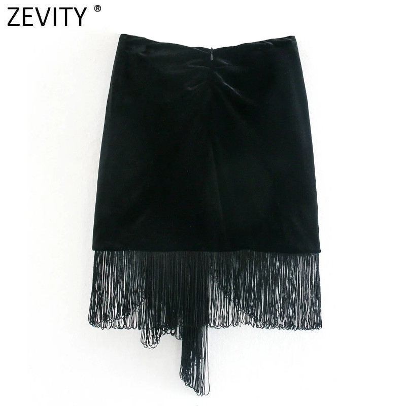 Zevity Ženska modna crna ležerna tanka baršunasta suknja s resicama s čvorovima Faldas Mujer Ženska šik mini majica s patentnim zatvaračem QUN705