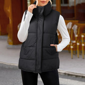 Nové dámske vesty, prešívané parky s bavlnenou podšívkou, zipsové vesty, stojatý golier, bez rukávov, vrchné oblečenie, zimná teplá prešívaná vesta