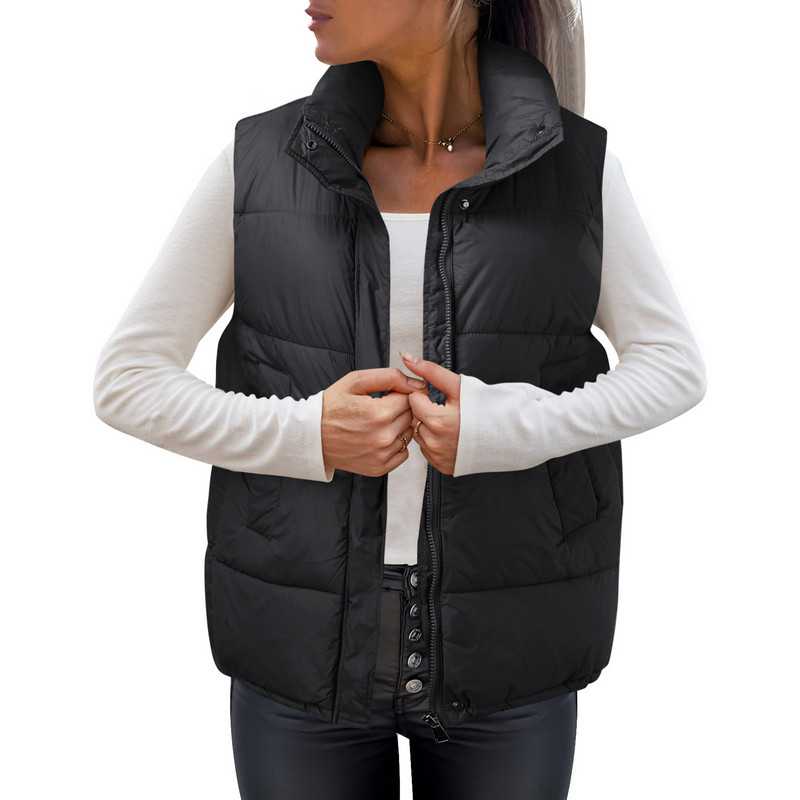 Nové dámske vesty, prešívané parky s bavlnenou podšívkou, zipsové vesty, stojatý golier, bez rukávov, vrchné oblečenie, zimná teplá prešívaná vesta