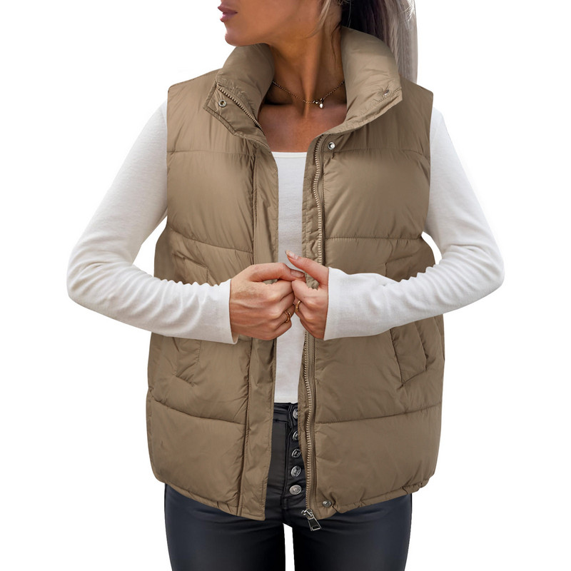 Nové dámske vesty, prešívané parky s bavlnenou podšívkou, zipsové vesty, stojatý golier, bez rukávov, vrchné oblečenie, zimná teplá prešívaná vesta