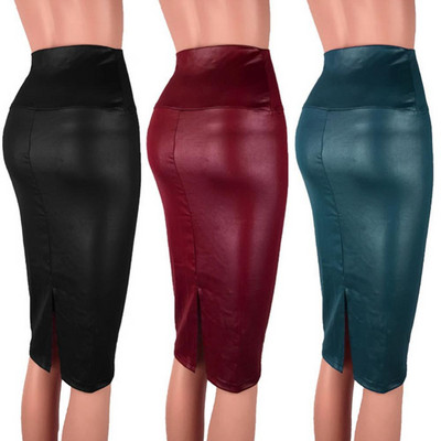 Leather Skirt Back Split Women Sexy Bodycon Pencil Skirt Sexy Office Lady Pencil Package Skirts High Waist Summer Long Skirt