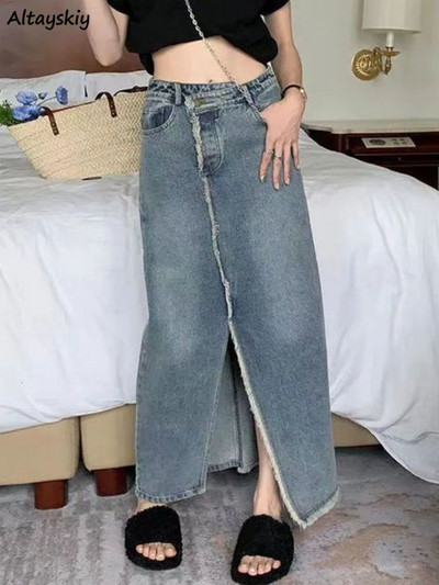 Fuste Maxi Femei Iregular Chic Denim lejer Casual Hotsweet Slit Vintage Fashion Stil coreean All-match Tender Spring Femei