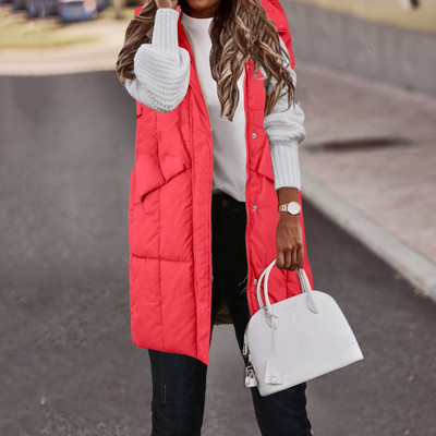 Vestă de iarnă fără mâneci Jachetă pentru femei Veste încălzite Vestă cu glugă cu fermoar Parka Vestă pentru damă Pardesiu lung căptușit din bumbac