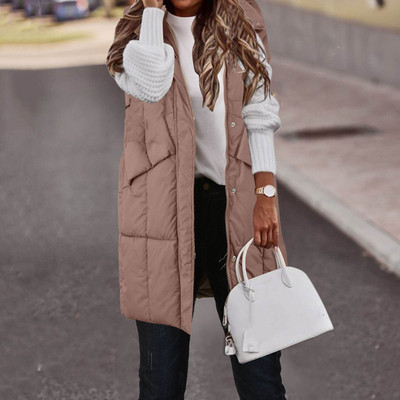 Vestă de iarnă fără mâneci Jachetă pentru femei Veste încălzite Vestă cu glugă cu fermoar Parka Vestă pentru damă Pardesiu lung căptușit din bumbac