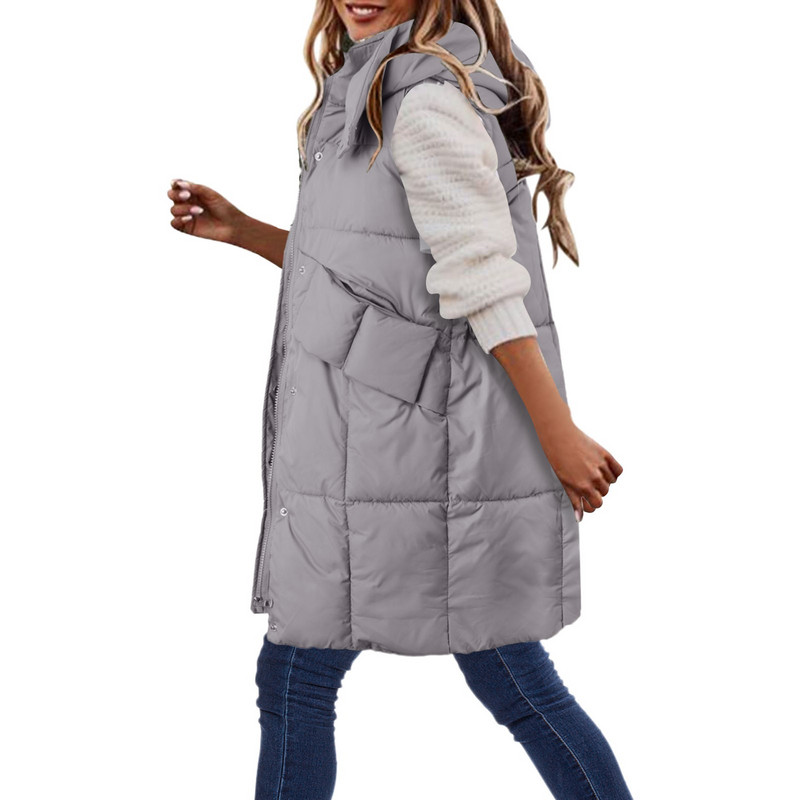 Vestă de iarnă fără mâneci Jachetă pentru femei Veste încălzite Vestă cu glugă cu fermoar Parka Vestă pentru damă Pardesiu lung căptușit din bumbac