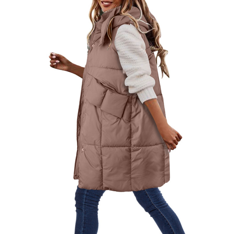 Vestă de iarnă fără mâneci Jachetă pentru femei Veste încălzite Vestă cu glugă cu fermoar Parka Vestă pentru damă Pardesiu lung căptușit din bumbac
