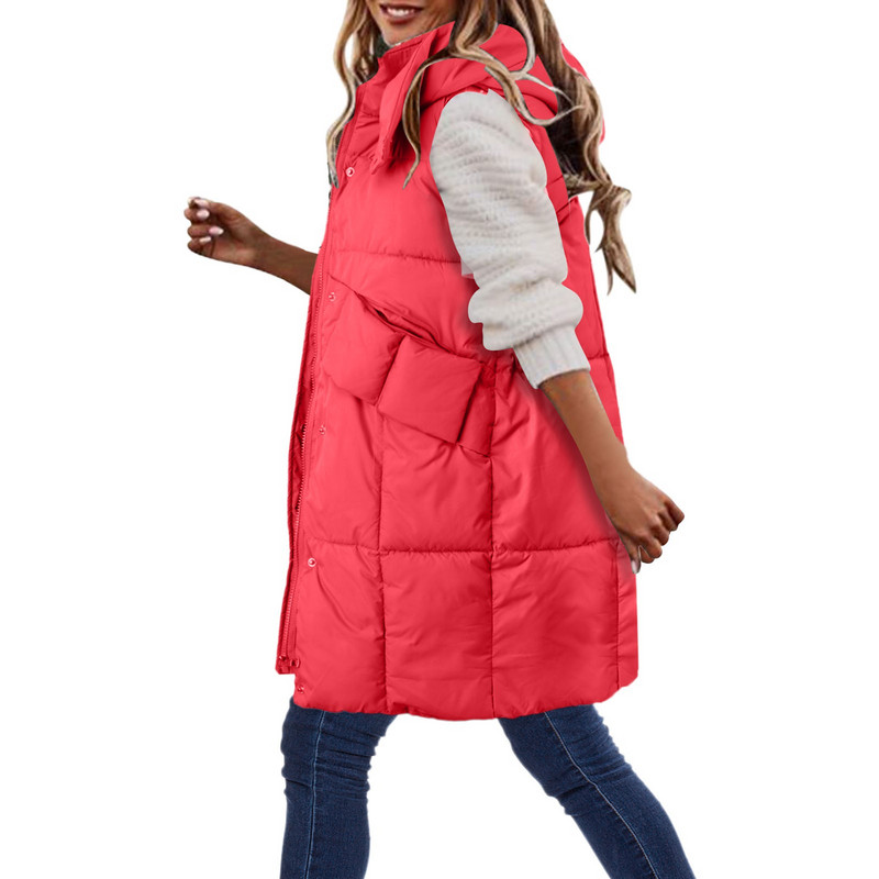 Vestă de iarnă fără mâneci Jachetă pentru femei Veste încălzite Vestă cu glugă cu fermoar Parka Vestă pentru damă Pardesiu lung căptușit din bumbac