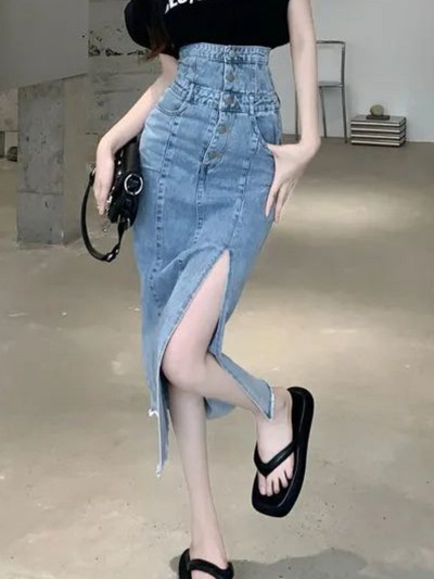 Džínsové sukne pre ženy, nepravidelné, štíhle, nový kórejský štýl, jar, vysoký pás, elegantný, do polovice lýtok, jednoduché, univerzálne, módne, Ulzzang, s bočným rozparkom