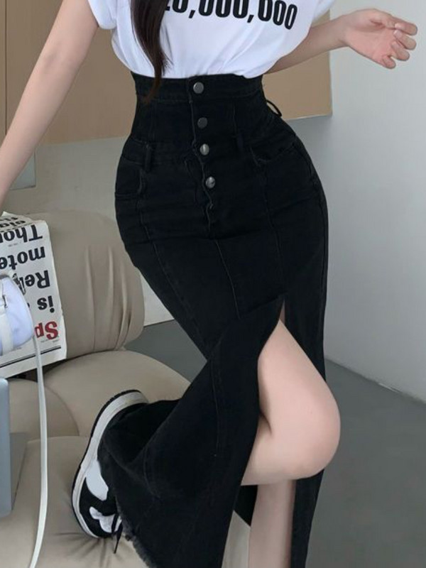 Džínsové sukne pre ženy, nepravidelné, štíhle, nový kórejský štýl, jar, vysoký pás, elegantný, do polovice lýtok, jednoduché, univerzálne, módne, Ulzzang, s bočným rozparkom