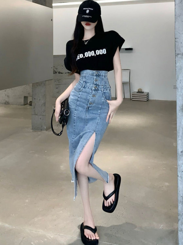 Džínsové sukne pre ženy, nepravidelné, štíhle, nový kórejský štýl, jar, vysoký pás, elegantný, do polovice lýtok, jednoduché, univerzálne, módne, Ulzzang, s bočným rozparkom